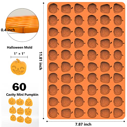 Halloween Candy Mold, Silicone Molds With 60 Mini Pumpkin Cavity, Trick Or Treat Molds For Halloween, Food Grade Halloween Mold For Making Chocolate/Biscuit/Gummy/Cookie/Jelly With Baking Scraper #TOP4