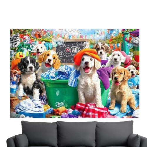 Dog Puzzles - Challenging Laundry Jigsaw Game, 1000 Pieces Puzzle Set with Letter Guide on Back for Easy Assembly, Brain Teaser 