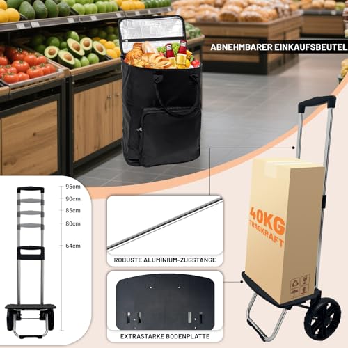 Einkaufstrolley Klappbar, Einkaufswagen mit Kühlfunktion, Shopping Trolley Sackkarre zum Einkaufen, Einkaufskorb mit Rollen(Schwarz, 50L) – Bild 5