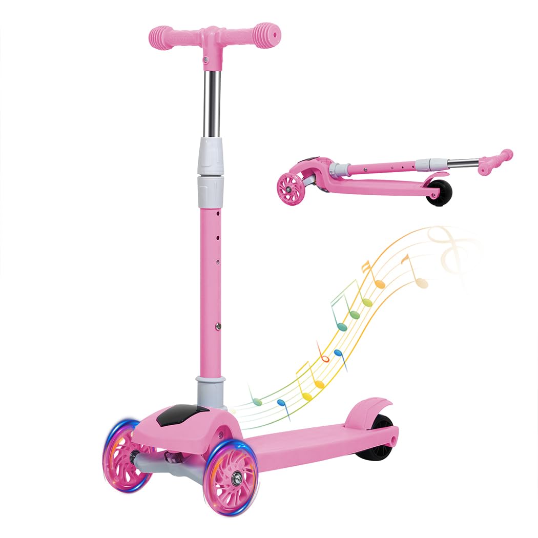 Dekko Kids Scooter - Big Wheels Foldable Kick Scooter with Flashing LED Lights for Boys Girls, 3 Levels Height Adjustable, 3 Wheel Scooter for Kids Ages 2-8 with Safe Lean to Steer, Pink