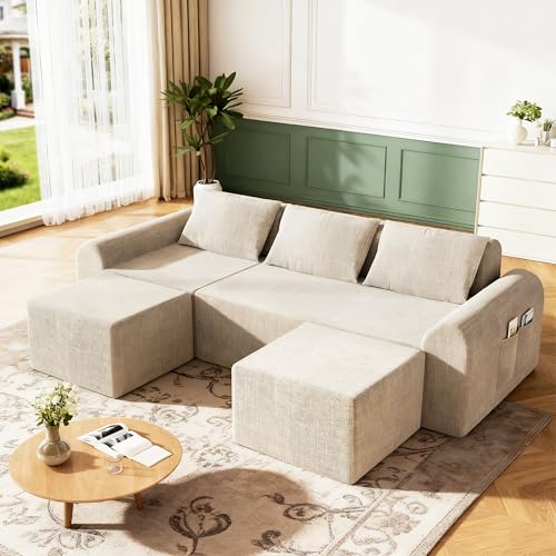 Decofy 86.6" Cloud Boneless Sectional Sofa for Living Room, 3-Seater Modular Couch for Small Apartments with 2 Ottomans, Deep Seat Chenille Fabric Sofa, No Assembly, 72H Full Restore, Beige