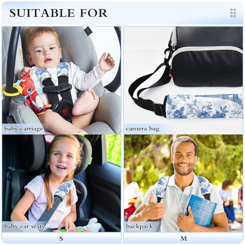 Image of 2 Pack Seatbelt Covers Seat Belt Cover Pad for Adults Boys Girls Car Seat Strap Covers Pads Cushion Universal Shoulder Strap Pad Protector for Backpack Camera Bag 6.5 Inch Blue Roses and Eiffel Tower