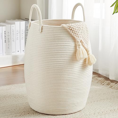 Image of Fiona's magic Cotton Rope Laundry Hamper Basket, 65L Woven Large Laundry Basket, Tall Dirty Clothes Hamper for Storage Blankets, Toys in Bedroom, Living Room Organizing-Collapsible-Beige