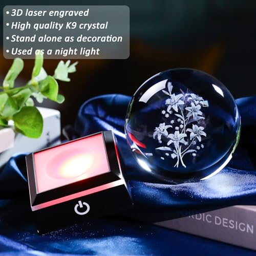 Image of 3D Crystal Ball Glass Lilys Flowers Home Decor Collectible Figurines Lamps for Bedrooms Artificial Lily Flower Gift for Crystals Lovers Women Etched Glass Night Light