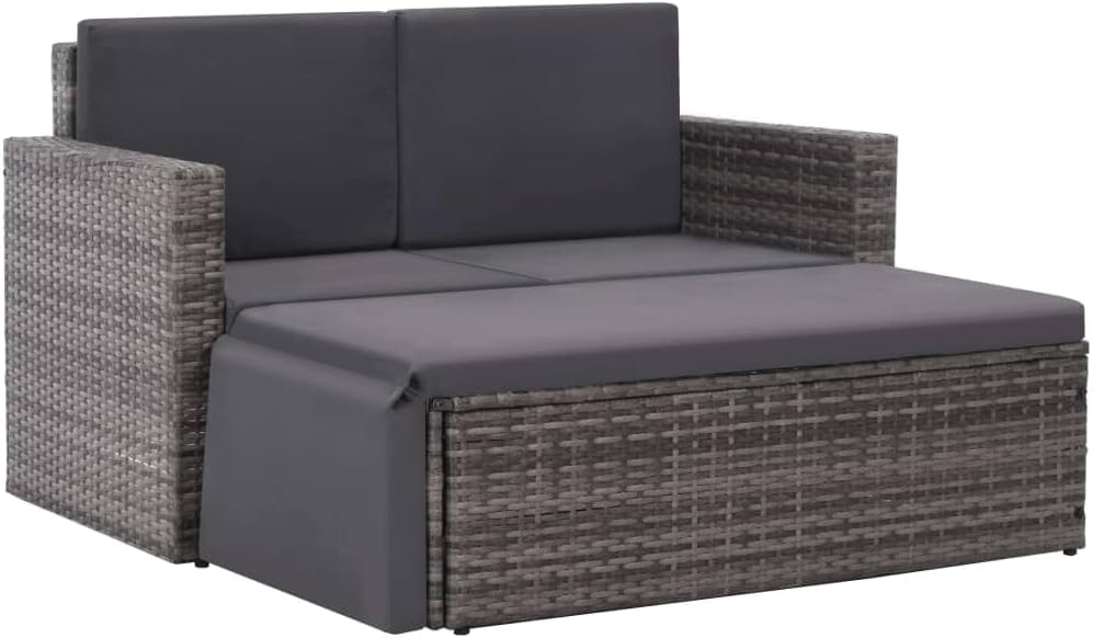 2 Piece Grey Poly Rattan Garden Lounge Set with Cushions, Water-Resistant Outdoor Sofa and Stool Set, Modern Patio Furniture with Fold-Out Footrest, Durable Steel Frame