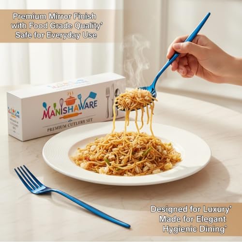 Image of Classic Blue 4 Pcs Stainless Steel Cutlery Set for Dining Table, Dishwasher Safe Glossy Flatware (Perfect Spoon Fork Set)
