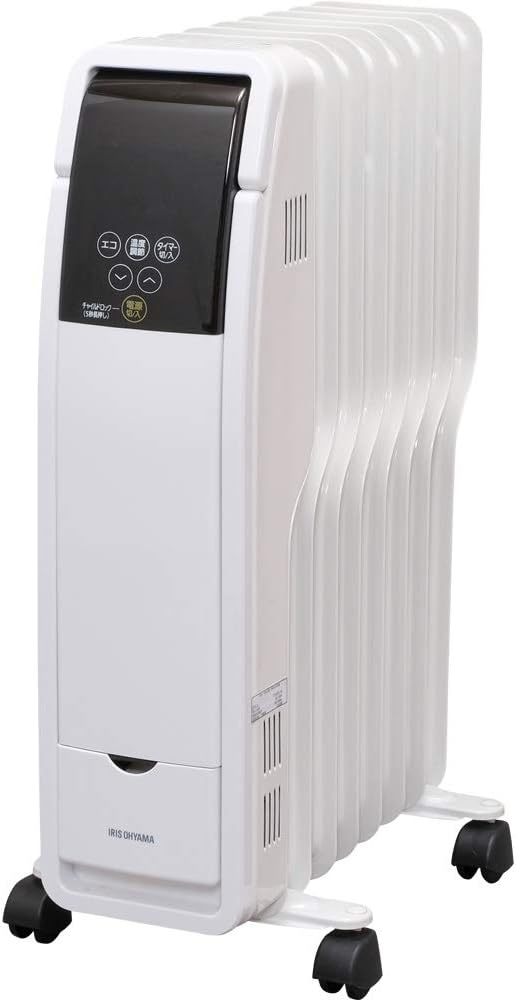 アイリスオーヤマ ヒーター オイルヒーター 8畳 ウェーブ型 500W/700W/1200W 小型 コンパクト 温度調節可能 転倒オフ機能 チャイルドロック マイコン式 入りタイマー 切りタイマー コード収納 キャスター付き 足元 省エネ 暖房 POH-S1208M-W ホワイト