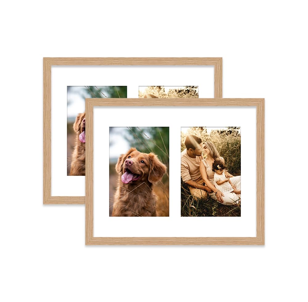 Oak Multi Photo Frame - Holds 2 x 6x4 Pictures, Family Collage Picture Frame for Wall Display, 10x8 Frame size, Set of 2