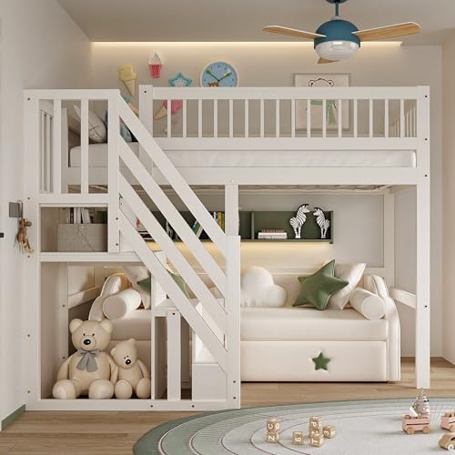Etagenbett 90x200, Kinderbett Hochbett mit Treppe und Aufbewahrungsschrank, Funktionsbett Einzelbett Stockbett Spielbett Kinderhochbett Jugendhochbett mit Lattenrost, Massivholz, Ohne Matratze, Weiß