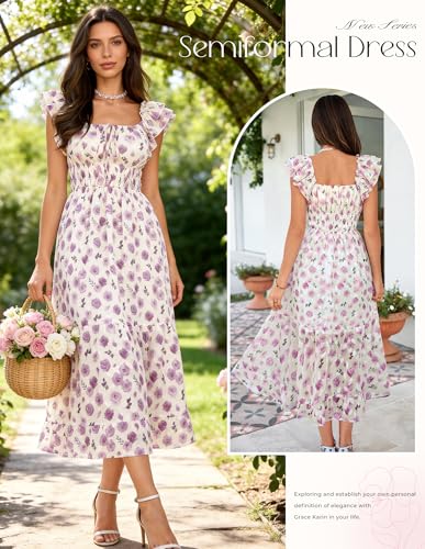 Image of GRACE KARIN 2026 Women's Spring Floral Midi Dress Square Neck Beach Wedding Guest Dresses Flowy A Line Casual Summer Clothes