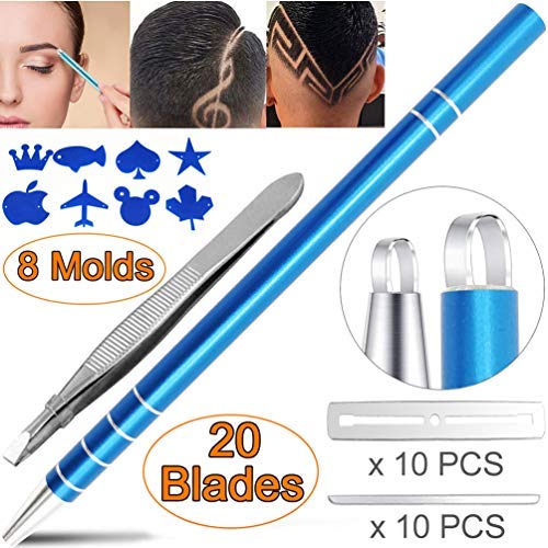 Eyebrow Hair Tattoo Razor Pen For Hair Art Design (20 Blades + 1 Tweezer + 8 Stencils) - Professional Accessories Barber Pencil Engraving Shaver Device, Magic Eye Brow Beard Styling Shaving Tools Kit