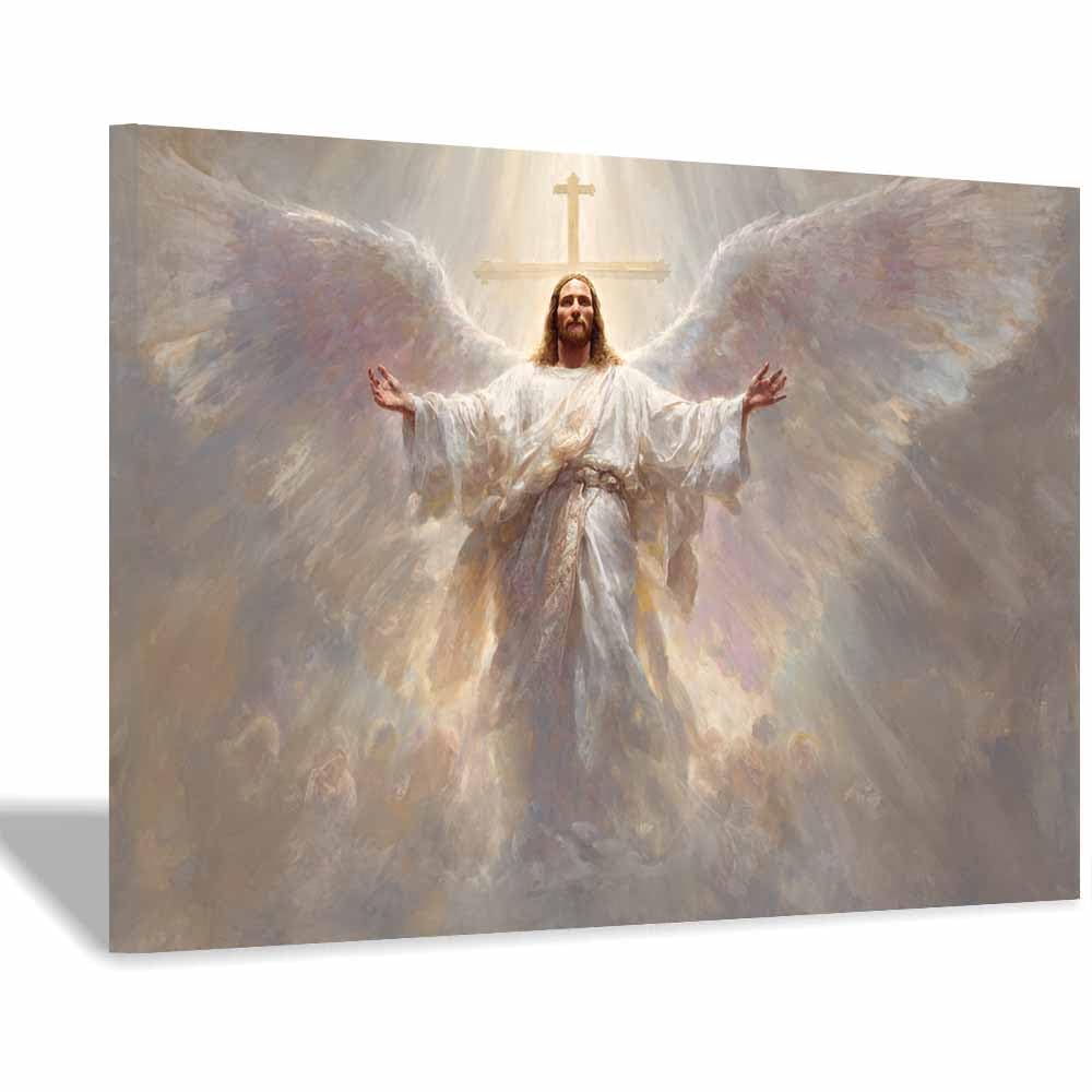 ZAMAEIU Christ Religions Canvas Wall Decor Winged cross Modern Abstract Religious Posters Prints for Living Room Bedroom Church Home Decoration(white)-80x120cm Framed