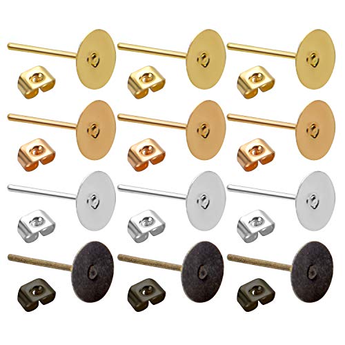 Hypoallergenic Earring Findings,400Pcs Stainless Steel Earrings Posts Flat Pad With 400Pcs Butterfly Earring Backs For Earring Making,4 Colors #TOP6