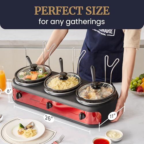 Elite Gourmet EWMST-325R Maxi-Matic Triple Slow Cooker Buffet Server Adjustable Temp Dishwasher-Safe Oval Ceramic Pots, Lid Rests, 3 x 2.5 Qt Capacity, Red