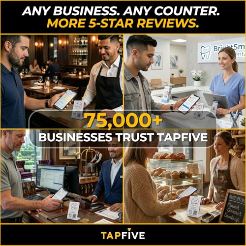 Image of Google Review Stand by TapFive - Tap to Review NFC Tap & QR Code Sign for Restaurants, Salons, Retail & Front Desks | QR Code Stand | No Monthly Fees (White, 5 Stands)