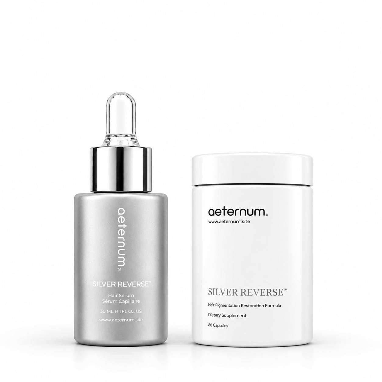 Aeternum Silver Reverse Hair Care Bundle – 60 Vegan Capsules with L-Tyrosine, Catalase, Biotin and Copper & Peptide Scalp Serum, 30 mL – Dye-Free Daily Routine