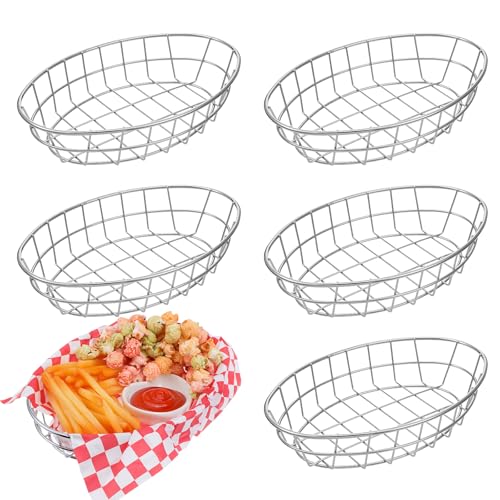 Xliuax 6 Pcs Wire Bread Baskets, 9.5' X 6.2' X 2.2' Oval Stainless Steel Dinner Roll Basket For Serving Fruit Bowl Storage Decorative Sandwich Container For Kitchen Table Restaurant Fast Food Burger