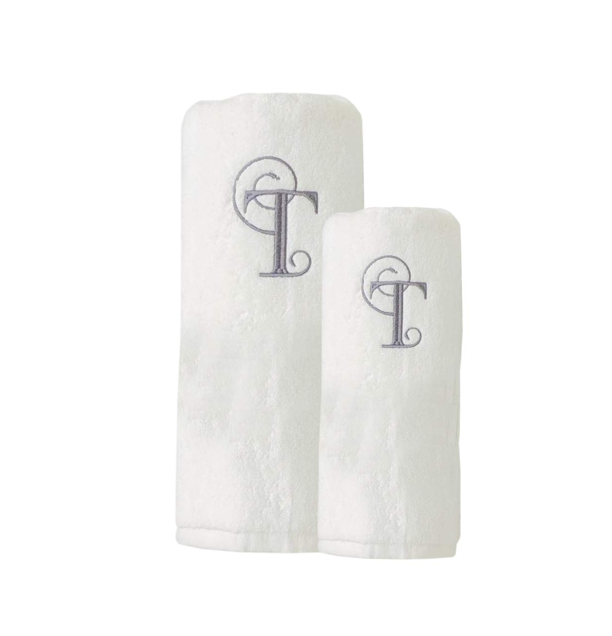 BYFT Embroidered For You (White) Luxury Monogrammed Towels (Set of 1 Hand & 1 Bath Towel) 100% Cotton, Highly Absorbent and Quick dry,Classic Hotel and Spa Quality Bath Linen-600 Gsm (Silver Letter T)