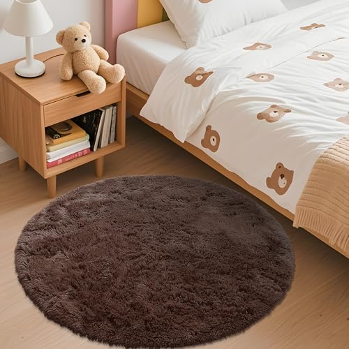 OLANLY Coffee Round Rugs for Bedroom - Machine Washable, 3 ft Circle Area Rugs for Living Room, Soft and Fluffy Shaggy Carpet for Teen Girls and Boys, Nursery Rooms, Dorms, Home Decor Aesthetic