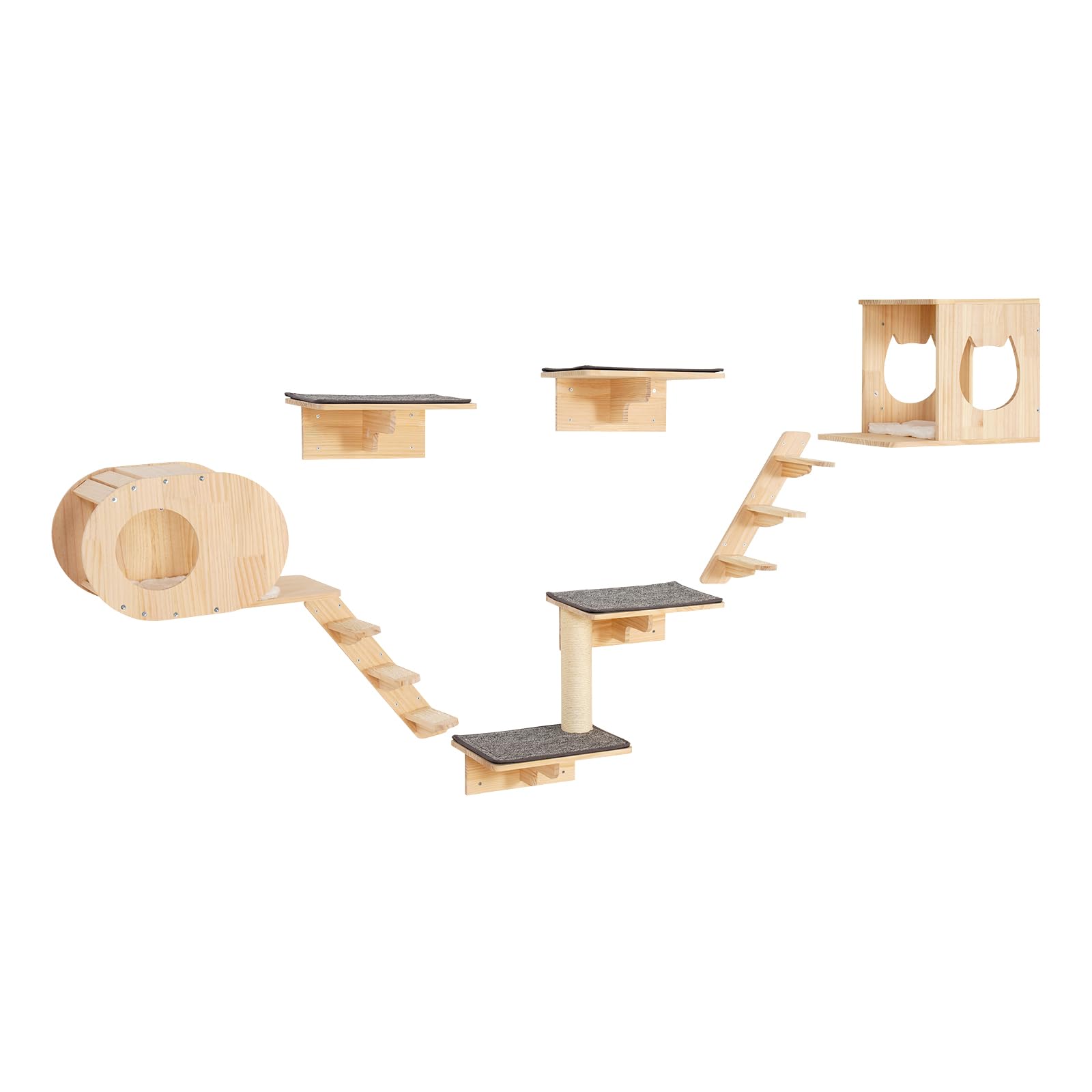 VEVOR Mensole da Parete per Gatti Set da 7, Posatoi Montati a Parete per Gatti con Trampolini, Cucce per gatti, Amache, Set di Mobili da Parete per Gatti Fino a 18,14 kg per Dormire, Arrampicarsi