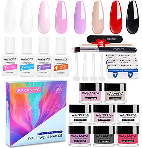 Wakaniya Dip Powder Nails Kit Starter Set-8 Colors Nail Dip Powders With Liquid Gel Base Activator Top Coat And Nail Tools,Acrylic Dipping Powder Nail Starter Kit For DIY French Manicure Home Salon