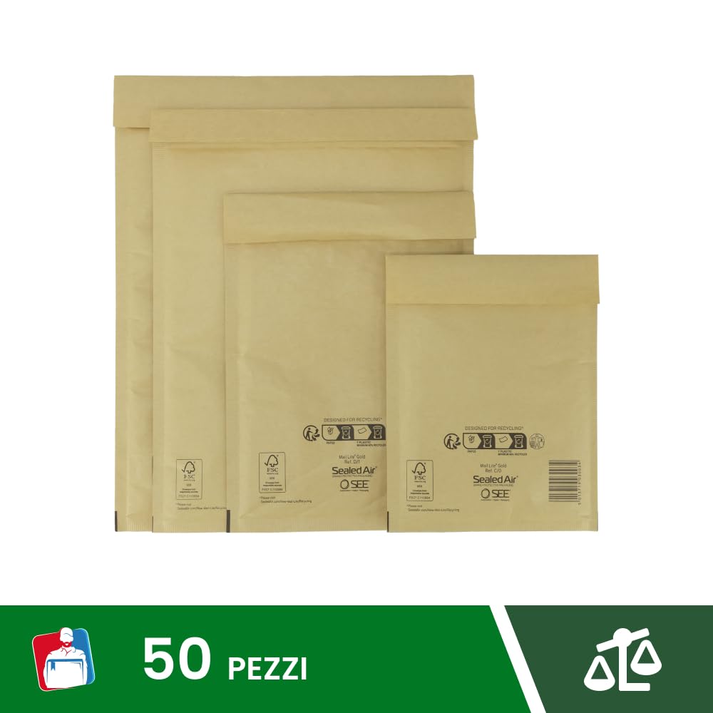 IMBALLAGGI 2000 - Buste Postali Imbottite Mail Lite Gold - 50 Pezzi 27x36 cm -Buste Imbottite per Spedizione - Buste con Pluriball Ideali per Spedire e Proteggere Oggetti