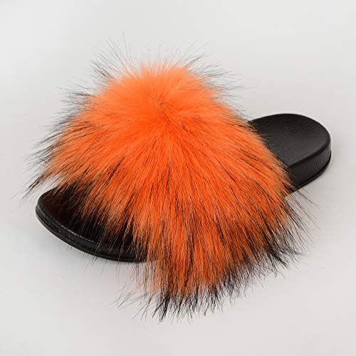 Image of MH Bailment Womens Furry Fluffy Slippers Faux Fur House Slippers Open Toe Fuzzy Slides Soft Flat Slip On Sandals for Indoor Outdoor