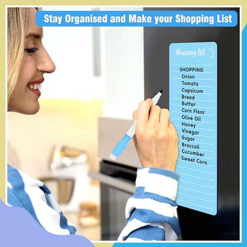 Image of Clickedin Magnetic Shopping List Grocery Fridge Magnet, 10x24 cm Acrylic Board with Marker (Cyan Blue)