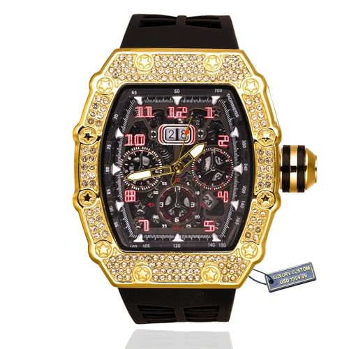 HALUKAKAH Montre en Or Premium avec Diamants pour Homme,Luxe Plaqué Or Réel 18k,Étanche de Base,Cadran d'Inspiration Mécanique Iced Out,Bracelet Noir...