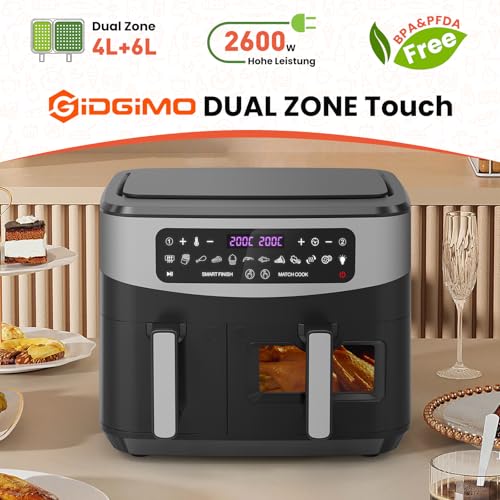 Gidgimo Heissluftfritteuse Doppelkammer, Max 230°C 10L xxl Air Fryer, 12-in-1 Programme Heißluftfritteuse 2 Kammern mit Touchscreen, Smart&Match Funktion, Gesunde Friteuse ohne Öl&fettarmes Kochen – Bild 8
