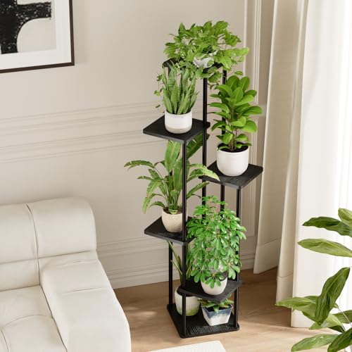 Bamworld Blumenständer Schwarz Hoch – Pflanzenständer aus Metall mit 6 Ebenen – Platzsparendes Pflanzenregal für Wohnzimmer, Balkon und Ecke – Blumenhocker & Deko Regal für Innenbereich
