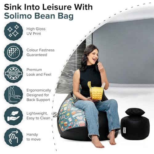 Image of Amazon Brand - Solimo 5XL Premium Faux Leather Bean Bag Combo with Footrest & Cushion, Filled with Beans | Capacity: Upto 6 Ft 7 in Height, 130 KG Weight | Cinema Love | Black
