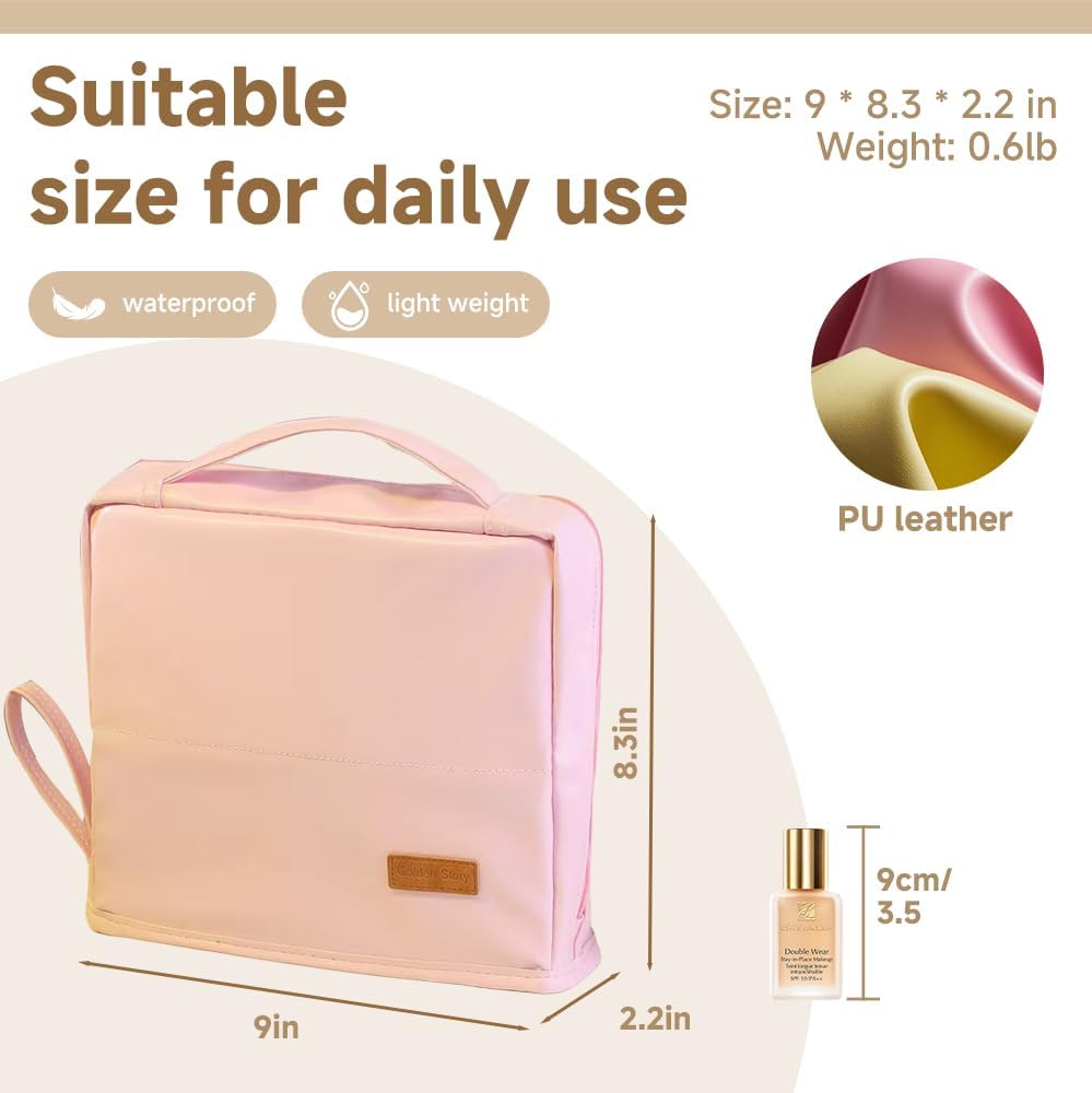 standing makeup bag, Women's Large Capacity Foldable Magnetic Travel Makeup Storage Bag, waterproof pu leather Portable Open makeup bag with dividers,black - Image 3