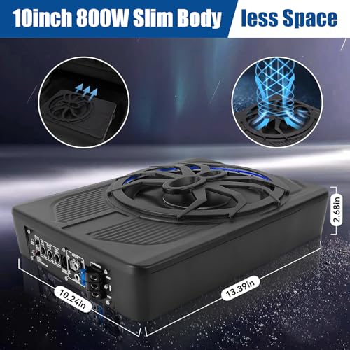 Generic 800W Under Seat Powered Car Subwoofer, Built-in Amplifier, Wiring Kit, High & Low Level Input, Blue Mood Lights, Remote Control (8" Speaker, 10" Sub) - Image 3