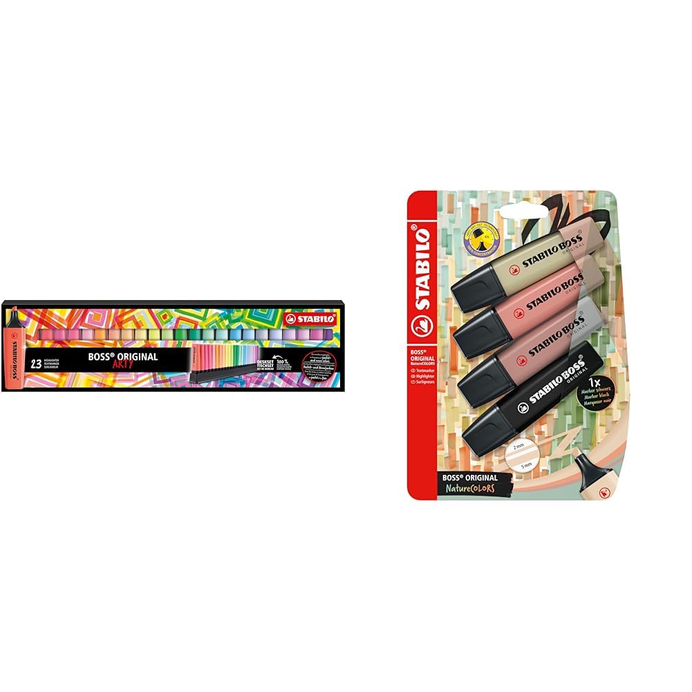 Evidenziatore - BOSS ORIGINAL Desk-Set - ARTY Edition - 23 Colori assortiti 9 Neon + 14 Pastel & Evidenziatore - BOSS ORIGINAL NatureCOLORS - Pack da 4 - Verde Oliva/Terra di Siena/Fava di Cacao/Nero