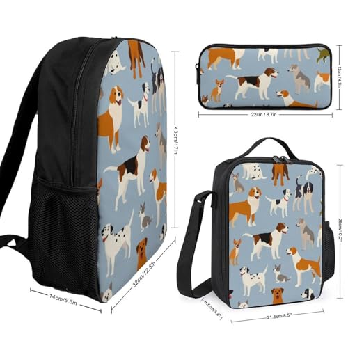 3PCS Backpacks Set, Large Capacity Travel Daypack 17 Inch Cute Different Dogs Insulated Lunch Bag Lightweight Compact Pencil Pen Case2