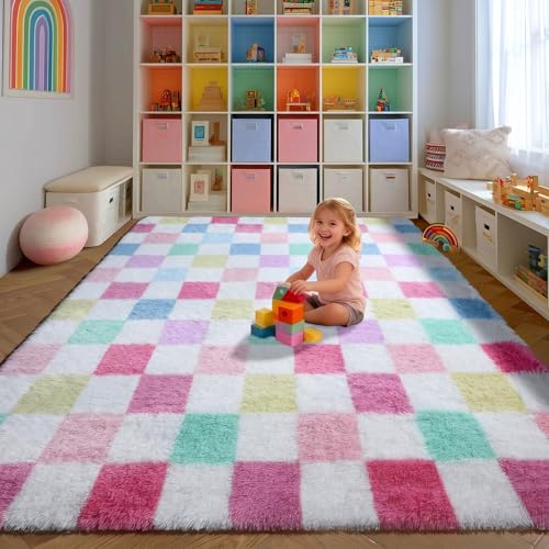 Image of KICMOR Checkered Rug 8x10 for Living Room, Rainbow Colorful Fluffy Soft Large Area Rug Fuzzy Shag Shaggy Bedroom Carpet, Cute Indoor Plush Rugs for Kids Girls Boys Dorm Nursery Home Decor Aesthetic