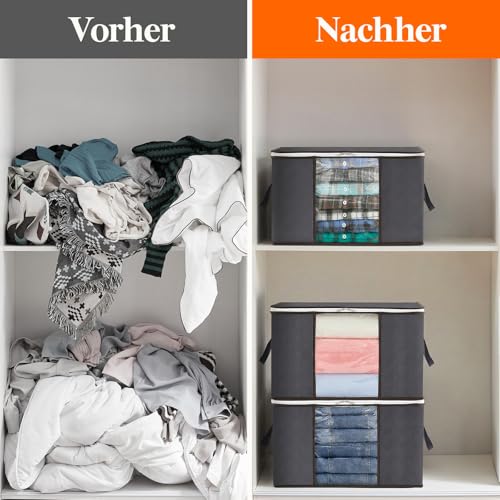 Lifewit 6 Stück Aufbewahrungstasche, Aufbewahrungsbox mit Deckel, 50L Kleiderschrank Organizer Faltbare Kleideraufbewahrung Umzugskartons mit Verstärkt Griff für Bettdecken Kleidung Decke, Grau