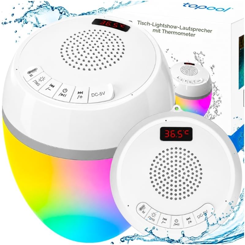 Schwimmender Bluetooth-Lautsprecher für Pool mit Thermometer und LED-Beleuchtung, IP68, 8 Lichtmodi, 360°-Stereo-Sound, TWS, Reichweite 25 m, Akku 2000 mAh