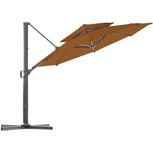 BLUU REDWOOD 11 FT 2 Tier Patio Umbrella Offset Cantilever Outdoor Umbrella Aluminum Market Hanging Umbrellas with 360° Rotation Device and Unlimited Tilting System & Cross Base (Wood)