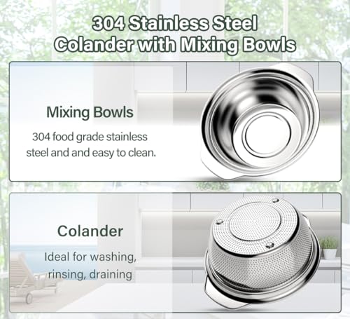 Colador de acero inoxidable 304, juego de colador microperforado con cuenco para mezclar, sin BPA para escurrir pasta, fideos, verduras, frutas y arroz