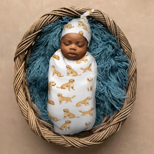 Image of Painting Golden Retriever Newborn Swaddle Blankets Hat Sets Soft Baby Receiving Blanket Swaddle Sack for Baby Shower Infant Boy Girl Gift
