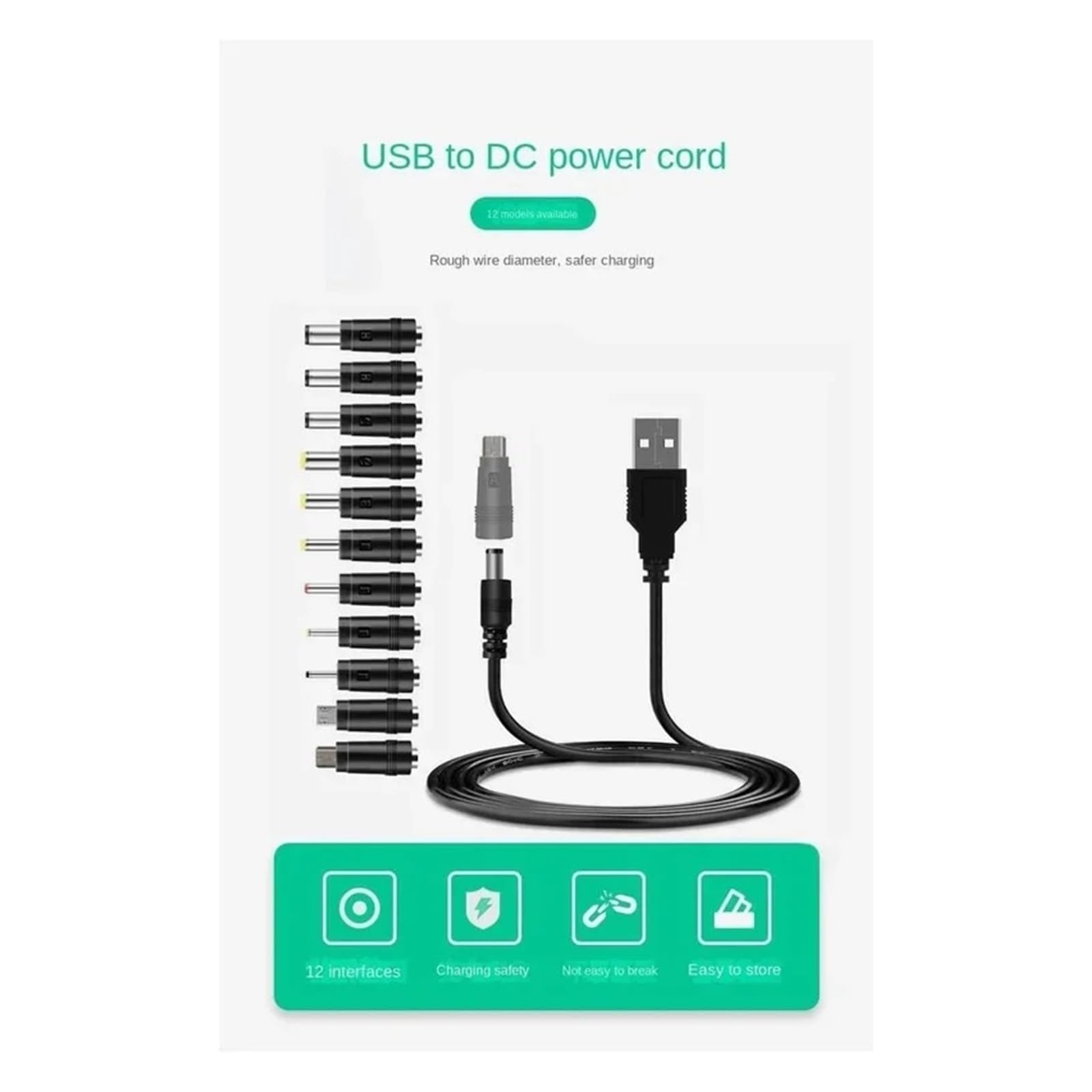 Câble de charge USB vers DC 5 V 5,5 x 2,1 mm avec 12 adaptateurs interchangeables 1 m/2 m (câble 1 m 12 en 1)