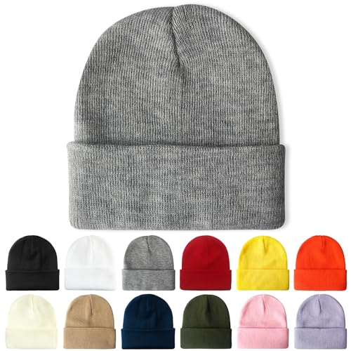 PFFY Beanie for Men Women Unisex Knit Cuffed Plain Winter Beanies Hats Skull Cap Grey