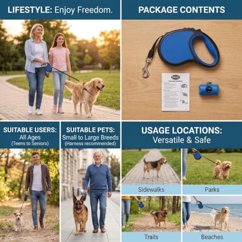 Image of Cawypety Retractable Dog Leash, 16ft /5M Heavy Duty Extendable Dog Walking Lead | One-Hand Brake & Lock, 360 Tangle-Free | Durable Pet Leash with Ergonomic Anti-Slip Handle for All Small,Large Breeds