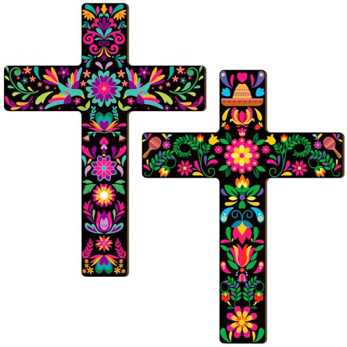Pinkunn 2 Pcs Floral Cross Wall Decor Mexican Home Decor Hand Painted The Ofrenda of the Dead Day Sugar Skull Art Spanish Style Crucifix Wall Cross for Home Room Church Decoration