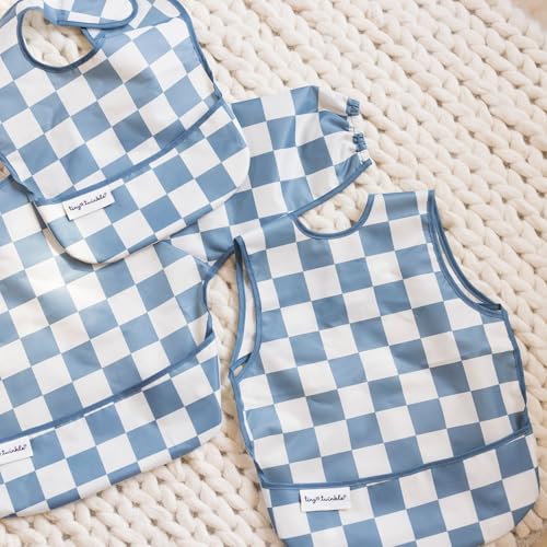 Image of Tiny Twinkle Long Sleeve Bib for Babies & Toddlers | Waterproof Smock Bib for Eating | Machine Washable & Mess-Proof Feeding Essentials | Newborn Shower Gift (Checkers Blue, 6-24M)