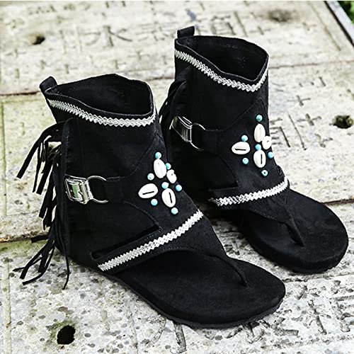 Boho Sandals for Women Roman Bead Gladiator Fringe Sandals Flat Clip Toe Ankle Boots Summer Suede Tassel Flip Flop Slippers2