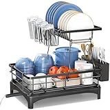 Jkdream Dish Drying Rack, 2 Tier Dish Racks for Kitchen Counter, Large Stainless Steel Kitchen Dish Drying Rack,Detachable Large Capacity Dish Drainer Organizer with Utensil Holder, Drain Board,Black
