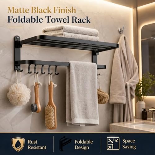Image of Well Set Stainless Steel Foldable Towel Rack for Bathroom | Wall Mounted Towel Holder with Shelf | Durable Rust-Free Space Saving Bathroom Accessory